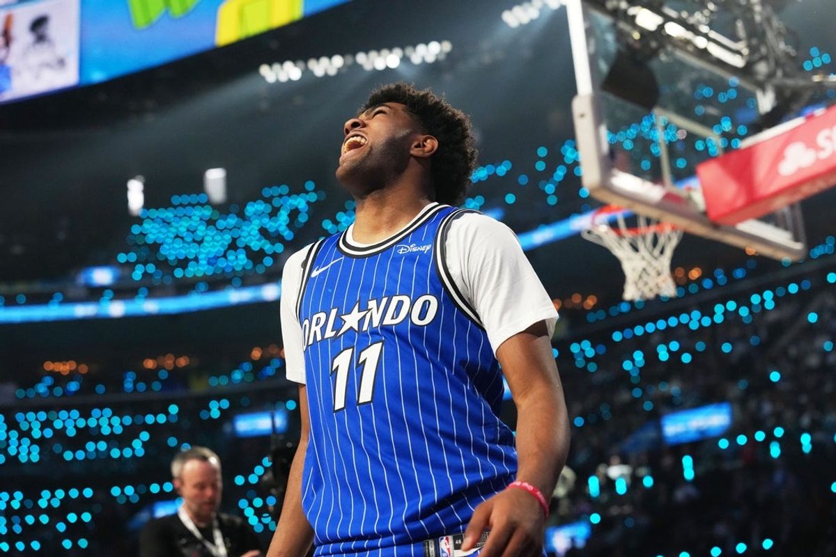 Feb 14, 2026; Los Angeles, CA, USA; Orlando Magic guard Jase Richardson (11) competes in the slam dunk contest during the 2026 NBA All Star Saturday Night at Intuit Dome. Mandatory Credit: Kirby Lee-Imagn Images