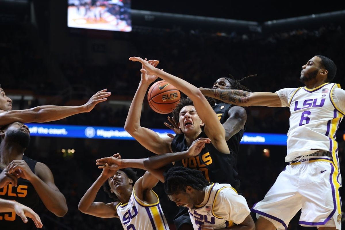 Feb 14, 2026; Knoxville, Tennessee, USA;  Tennessee Volunteers forward Nate Ament (10) during a throw in during the first half against the Louisiana State Tigers at Thompson-Boling Arena at Food City Center. Mandatory Credit: Randy Sartin-Imagn Images