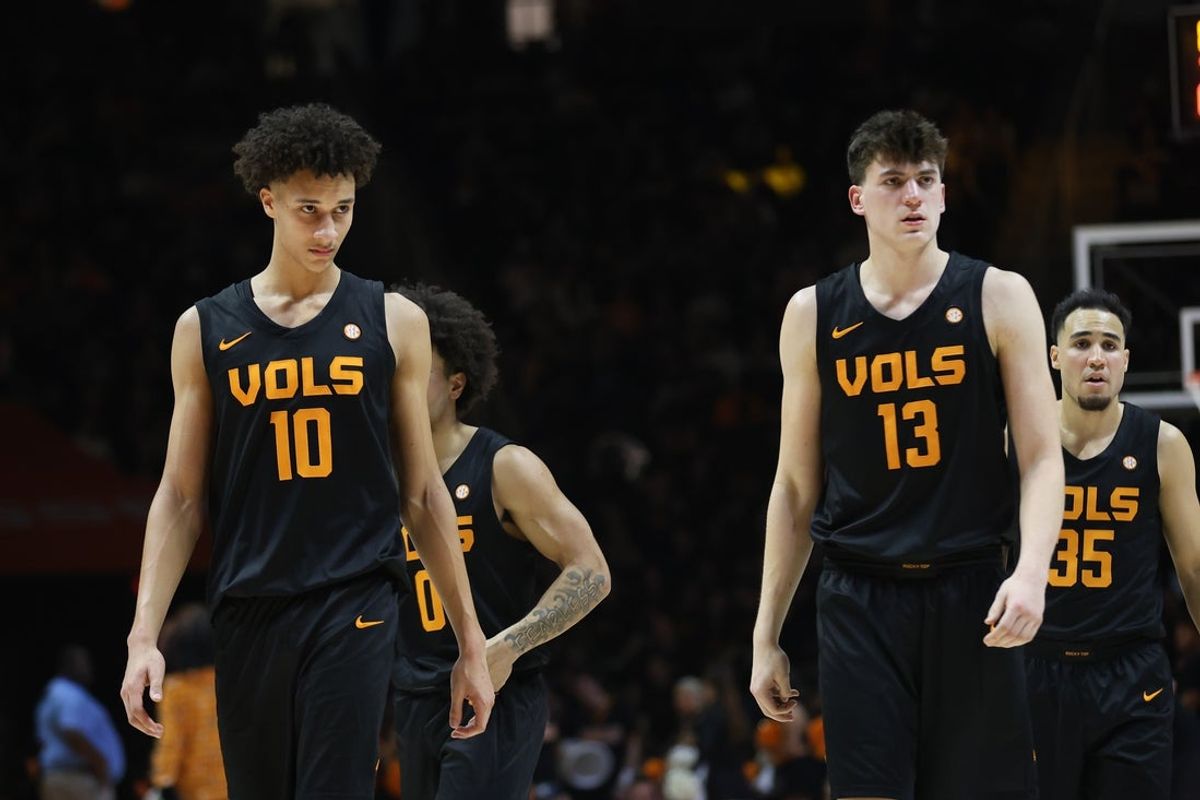 Feb 14, 2026; Knoxville, Tennessee, USA;  Tennessee Volunteers forward Nate Ament (10) and forward J.P. Estrella (13) during the second half against the Louisiana State Tigers at Thompson-Boling Arena at Food City Center. Mandatory Credit: Randy Sartin-Imagn Images