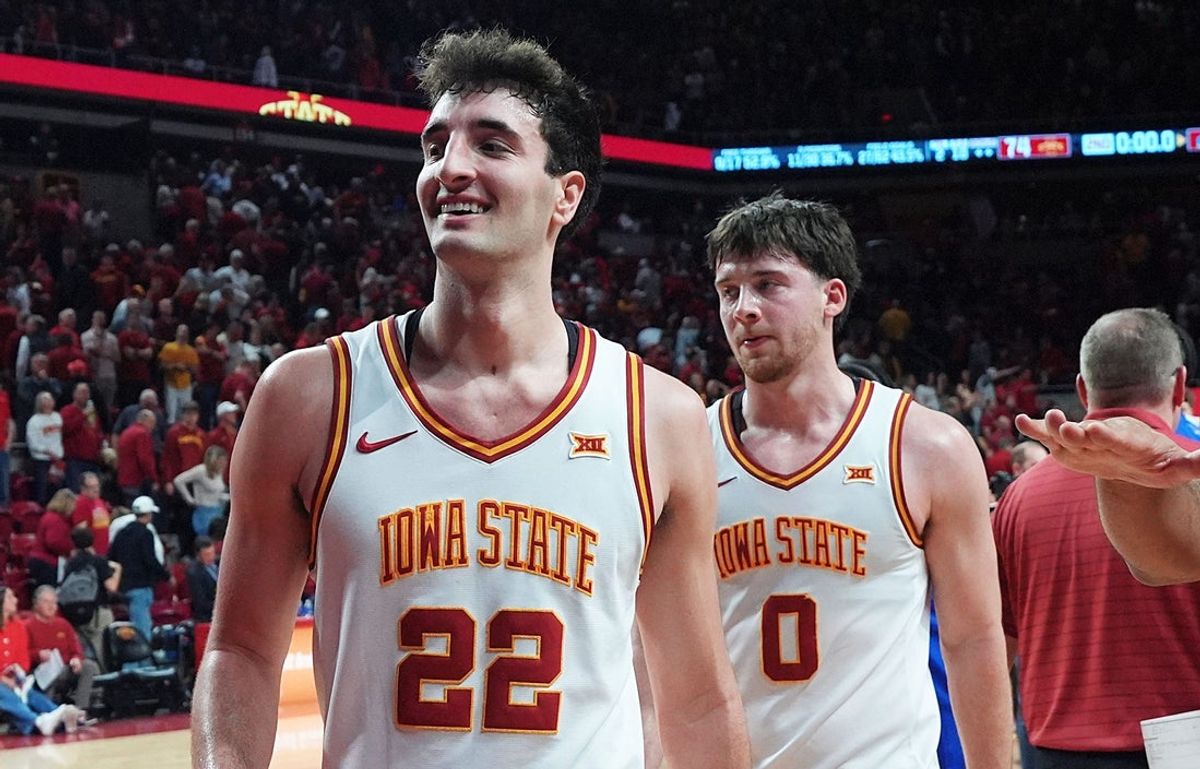 Iowa State Cyclones forward Milan Momcilovic (22) celebrates after winning 74-56 over Kansas in the Big-12 conference basketball showdown on Feb. 14, 2026, at Hilton Coliseum, in Ames, Iowa.