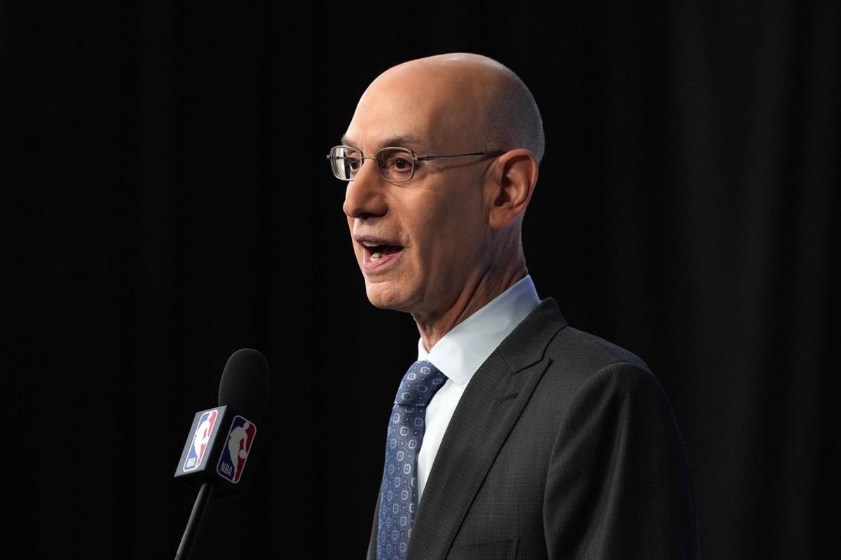 Feb 14, 2026; Los Angeles, CA, USA; NBA commissioner Adam Silver speaks at press conference during the NBA All Star game at the Intuit Dome. Mandatory Credit: Kirby Lee-Imagn Images