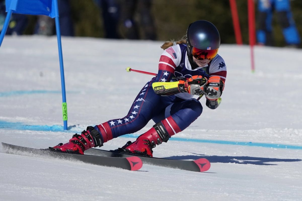 Feb 15, 2026; Cortina d'Ampezzo, Italy; Mikaela Shiffrin of the United States during the women's giant slalom during the Milano Cortina 2026 Olympic Winter Games at Tofane Alpine Skiing Centre. Mandatory Credit: Michael Madrid-Imagn Images