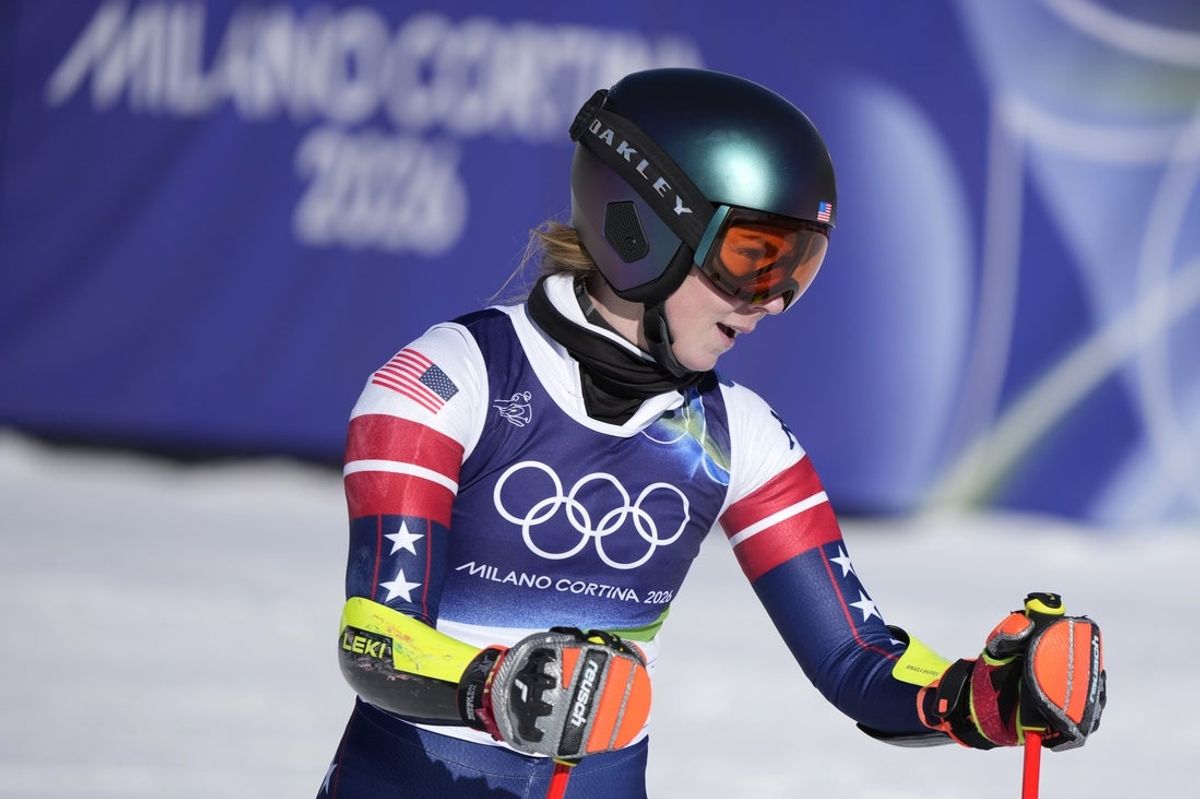 Feb 15, 2026; Cortina d'Ampezzo, Italy;  Mikaela Shiffrin of the United States reacts after the second run of the women's alpine skiing giant slalom during the Milano Cortina 2026 Olympic Winter Games at Tofane Alpine Skiing Centre. Mandatory Credit: Michael Madrid-Imagn Images