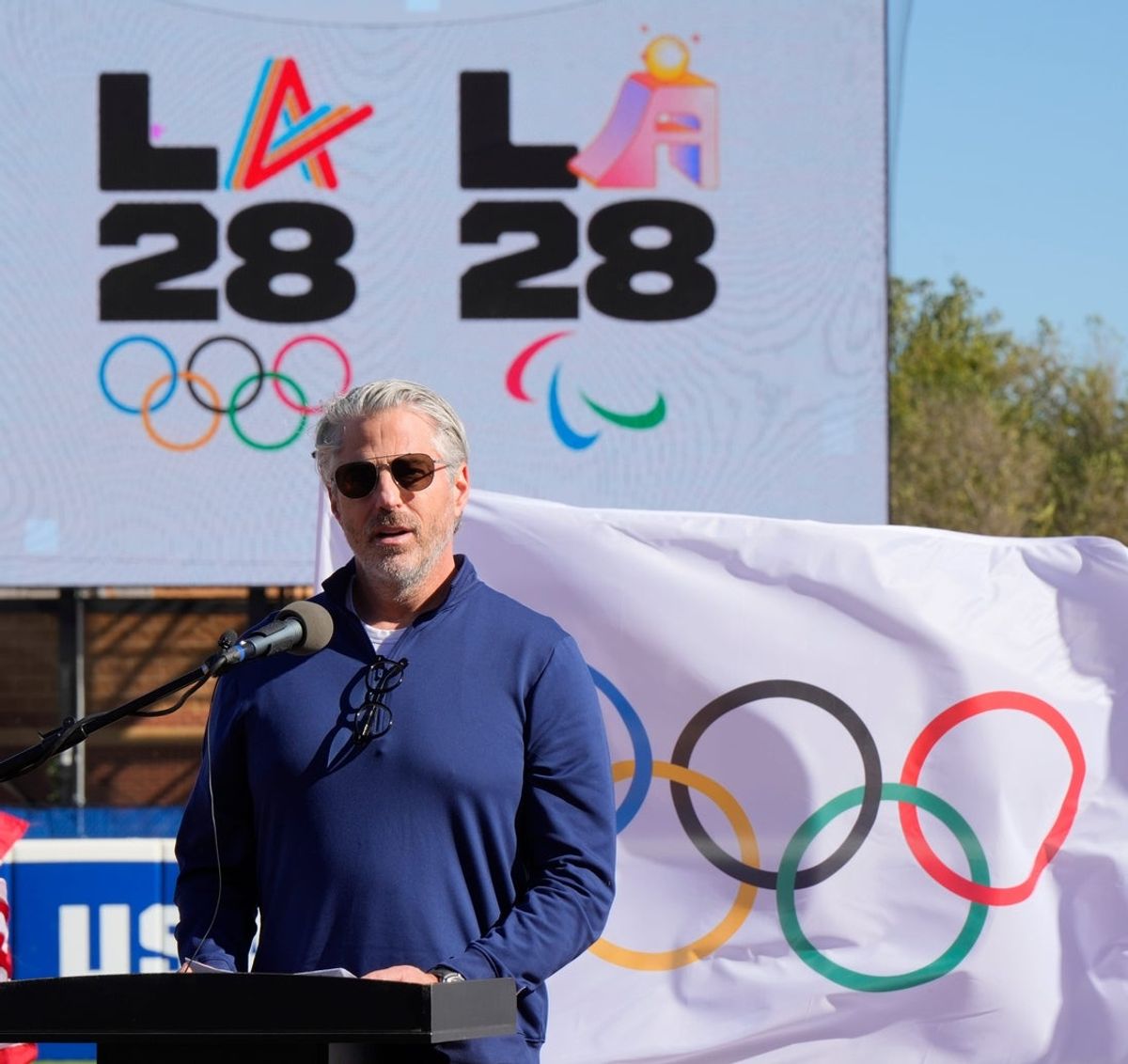 Casey Wasserman, Chairperson and President of LA28, during the media conference celebrating the 1000-day countdown to LA28 at Devon Park in Oklahoma City, Monday, Oct. 20, 2025.