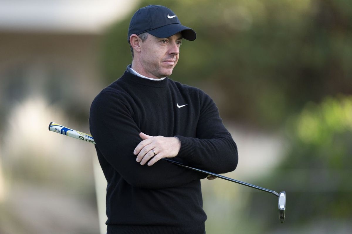 February 15, 2026; Pebble Beach, California, USA; Rory McIlroy on the second hole during the final round of the AT&T Pebble Beach Pro-Am golf tournament at Pebble Beach Golf Links. Mandatory Credit: Kyle Terada-Imagn Images