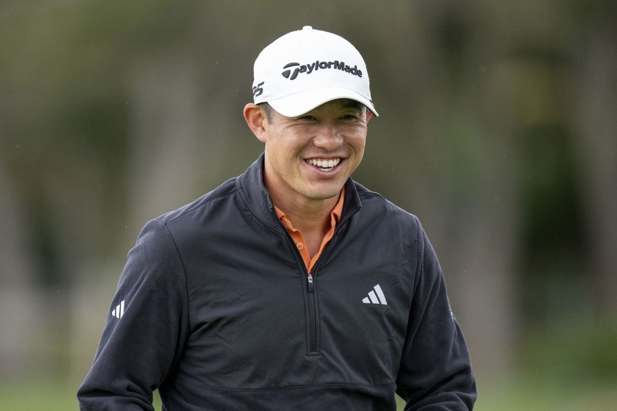 February 15, 2026; Pebble Beach, California, USA; Collin Morikawa smiles on the second hole during the final round of the AT&T Pebble Beach Pro-Am golf tournament at Pebble Beach Golf Links. Mandatory Credit: Kyle Terada-Imagn Images