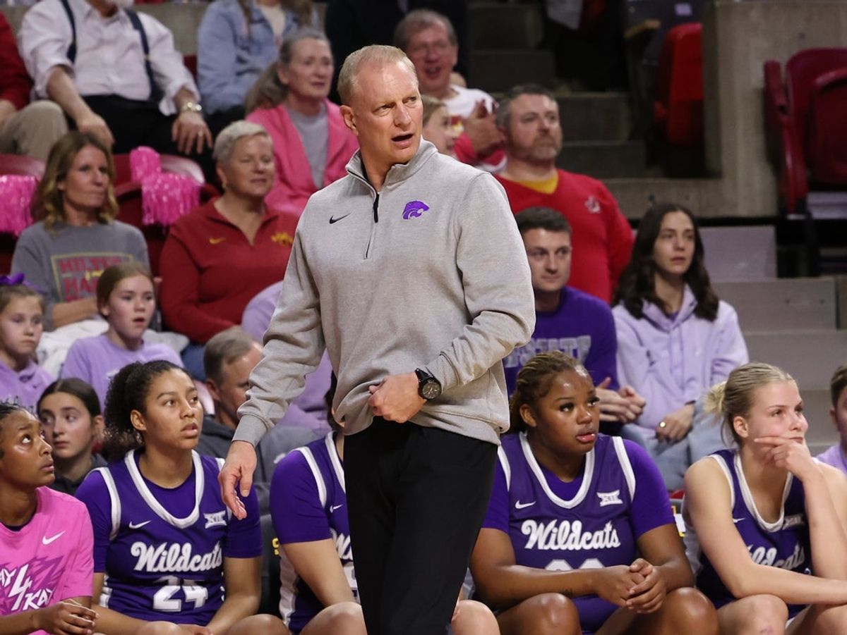 Feb 15, 2026; Ames, Iowa, USA; Kansas State Wildcats head coach Jeff Mittie watches his team play the Iowa State Cyclones during the first half at James H. Hilton Coliseum. Mandatory Credit: Reese Strickland-Imagn Images