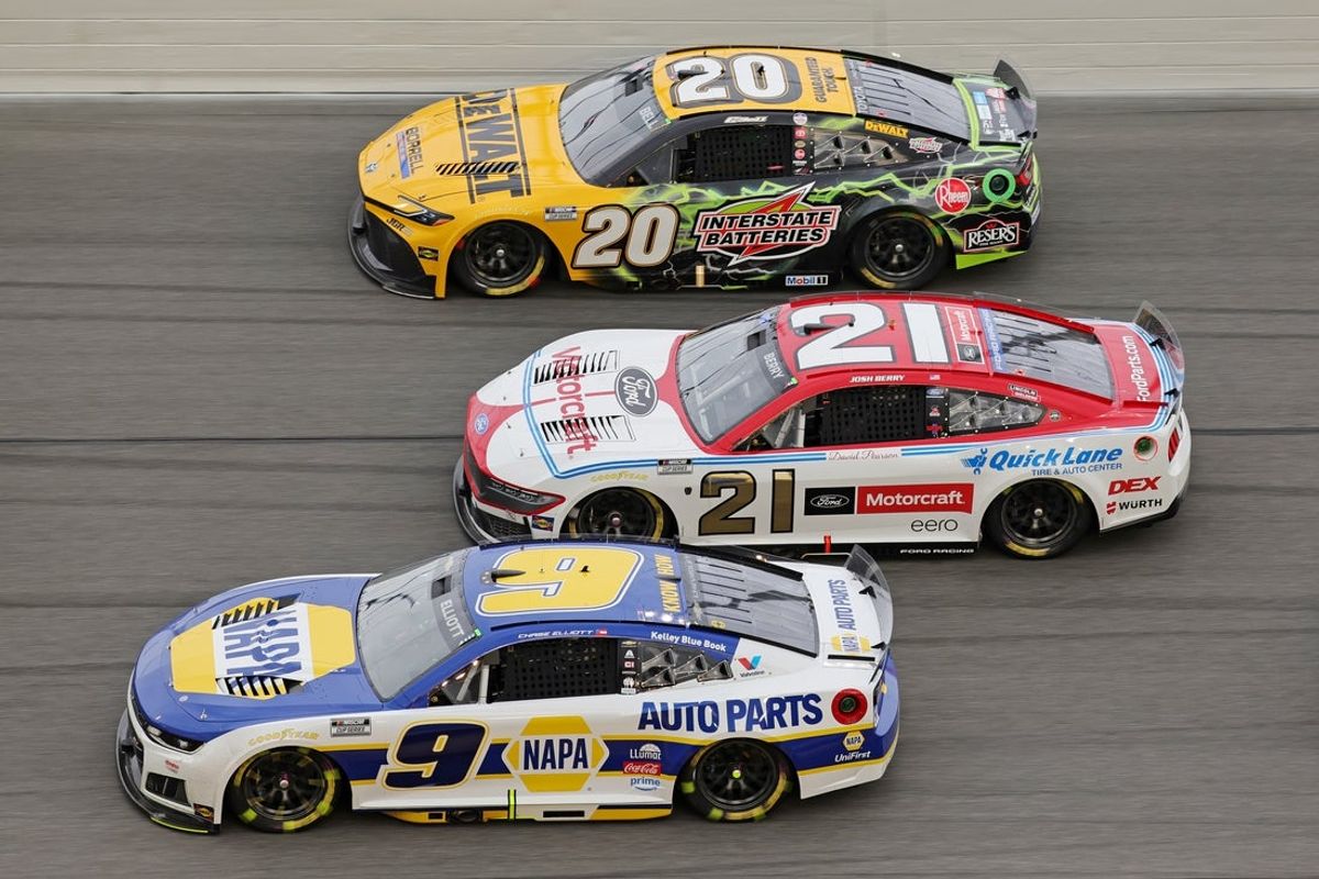 Feb 15, 2026; Daytona Beach, Florida, USA;   Driver Chase Elliott (9),  Driver Josh Berry (21), and  Driver Christopher Bell (20) during the 68th running of the Daytona 500 at Daytona International Speedway. Mandatory Credit: Mike Dinovo-Imagn Images