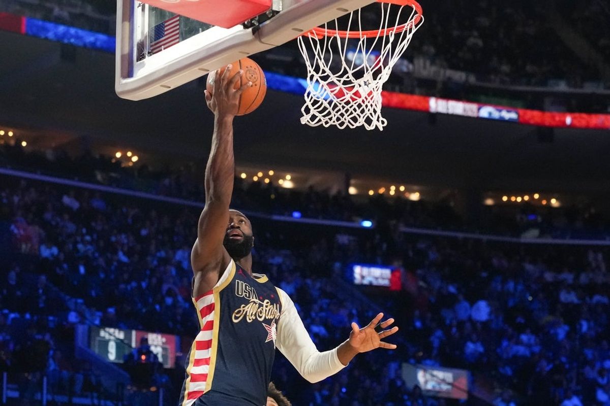 Feb 15, 2026; Inglewood, California, USA; Team USA Stripes forward Jaylen Brown (7) of the Boston Celtics shoots a lay up in game four against Team Stars during the 75th NBA All Star Game at Intuit Dome. Mandatory Credit: Kirby Lee-Imagn Images