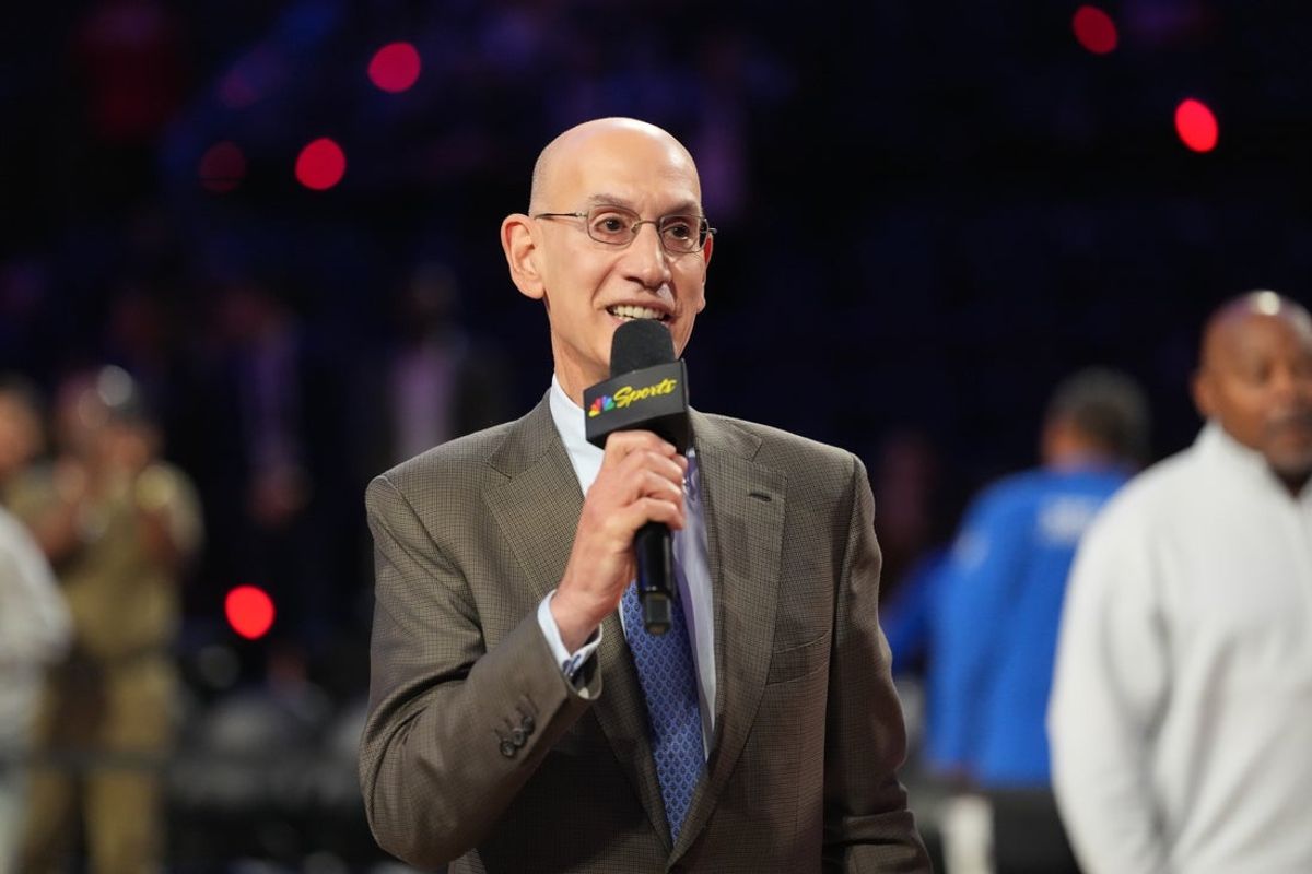 Feb 15, 2026; Inglewood, California, USA; NBA commissioner Adam Silver speaks to media after the 75th NBA All Star Game at Intuit Dome. Mandatory Credit: Kirby Lee-Imagn Images