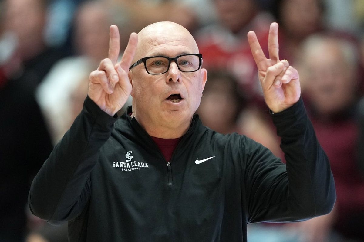 Feb 14, 2026; Santa Clara, California, USA; Santa Clara Broncos head coach Herb Sendek gestures during the second half against the Gonzaga Bulldogs at Leavey Center. Mandatory Credit: Darren Yamashita-Imagn Images
