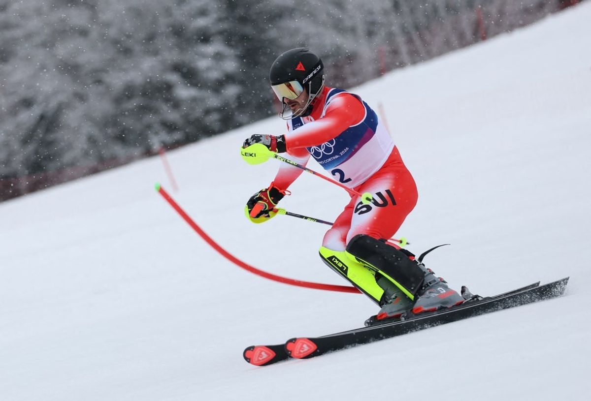 [US, Mexico & Canada customers only] Feb 16, 2026; Bormio, Italy; Loic Meillard of Switzerland in the first run in the men's alpine skiing slalom during the Milano Cortina 2026 Olympic Winter Games at Stelvio Ski Centre. Mandatory Credit: Gintare Karpaviciute/Reuters via Imagn Images