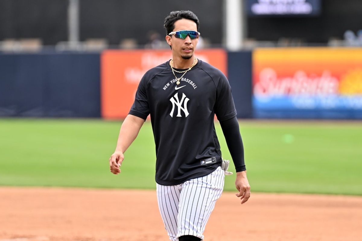 Feb 16, 2026; Tampa, FL, USA;  New York Yankees outfielder Oswaldo Cabrera (95) prepares for a drill during spring training at George M. Steinbrenner Field. Mandatory Credit: Jonathan Dyer-Imagn Images