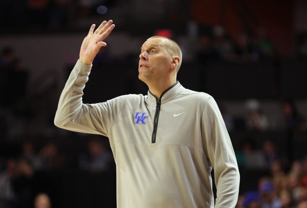 Kentucky head coach Mark Pope reacts during the first half of a NCAA mens basketball game at Steven C. O'Connell Center Exactek arena in Gainesville, FL on Saturday, February 14, 2026. [Alan Youngblood/Gainesville Sun]