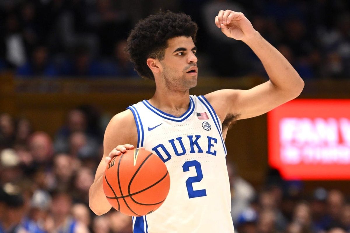 Feb 16, 2026; Durham, North Carolina, USA;  Duke Blue Devils guard Cayden Boozer (2) makes a call during the second half against the Syracuse Orange at Cameron Indoor Stadium. Mandatory Credit: Zachary Taft-Imagn Images