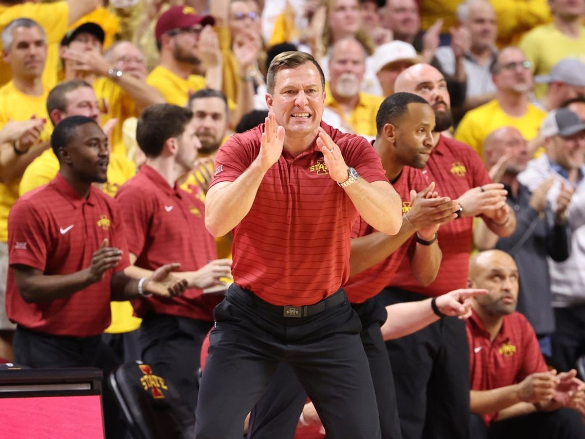 Feb 16, 2026; Ames, Iowa, USA;  Iowa State Cyclones head coach T.J. Otzelberger watches his team play the Houston Cougars during the second half at James H. Hilton Coliseum. Mandatory Credit: Reese Strickland-Imagn Images