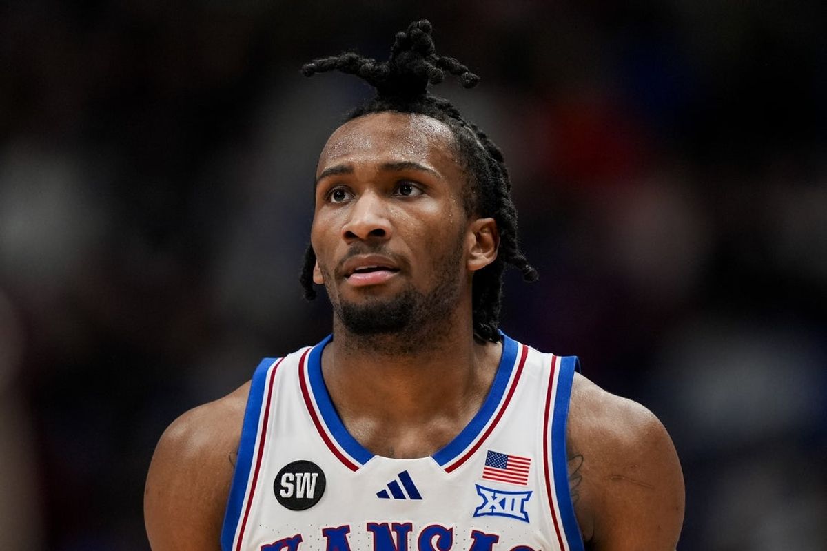 Jan 31, 2026; Lawrence, Kansas, USA; Kansas Jayhawks guard Darryn Peterson (22) reacts during the first half against the BYU Cougars at Mizzou Arena. Mandatory Credit: Jay Biggerstaff-Imagn Images