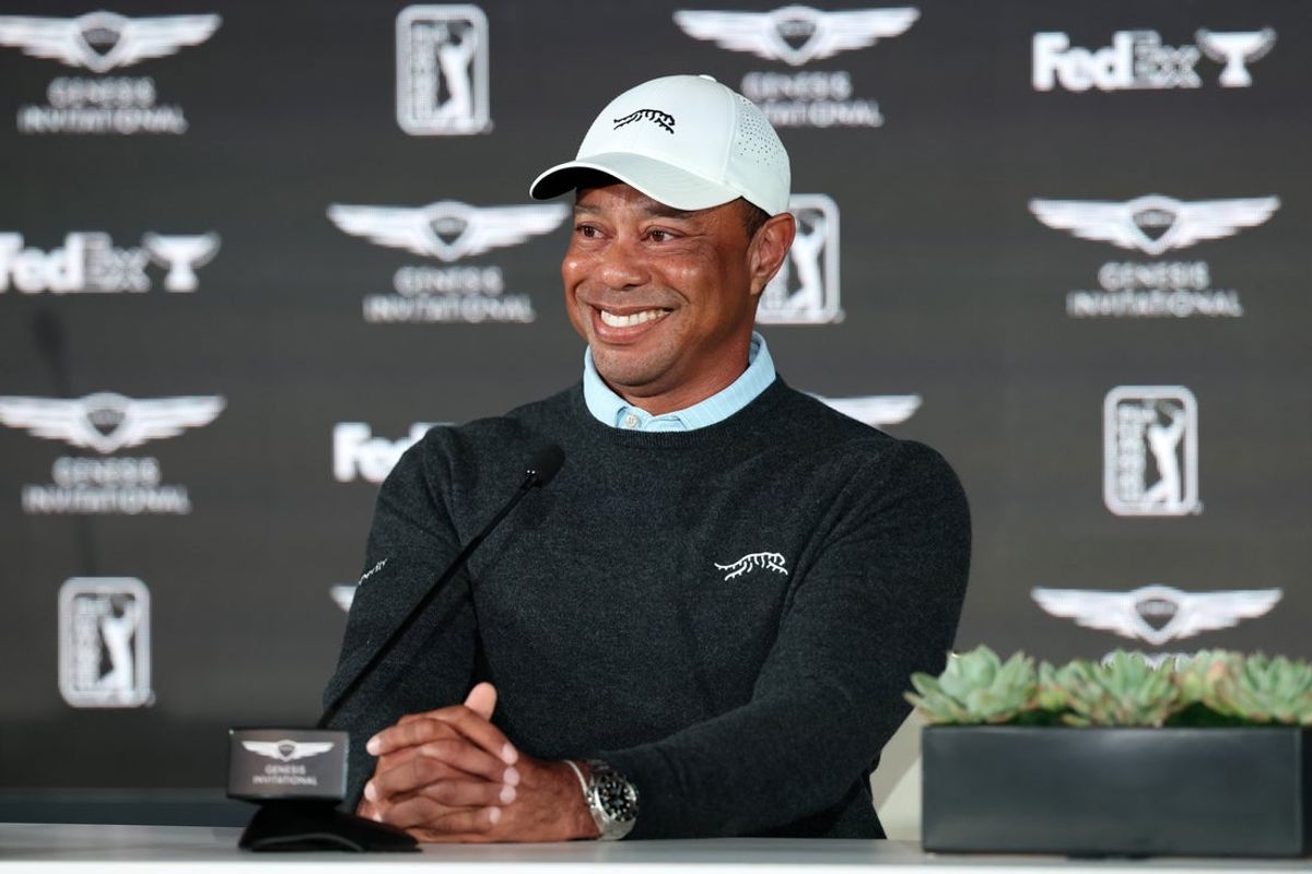 Feb 17, 2026; Pacific Palisades, CA, USA;  Genesis Invitational tournament host Tiger Woods speaks to the media during a press conference at Riviera Country Club. Mandatory Credit: Kiyoshi Mio-Imagn Images