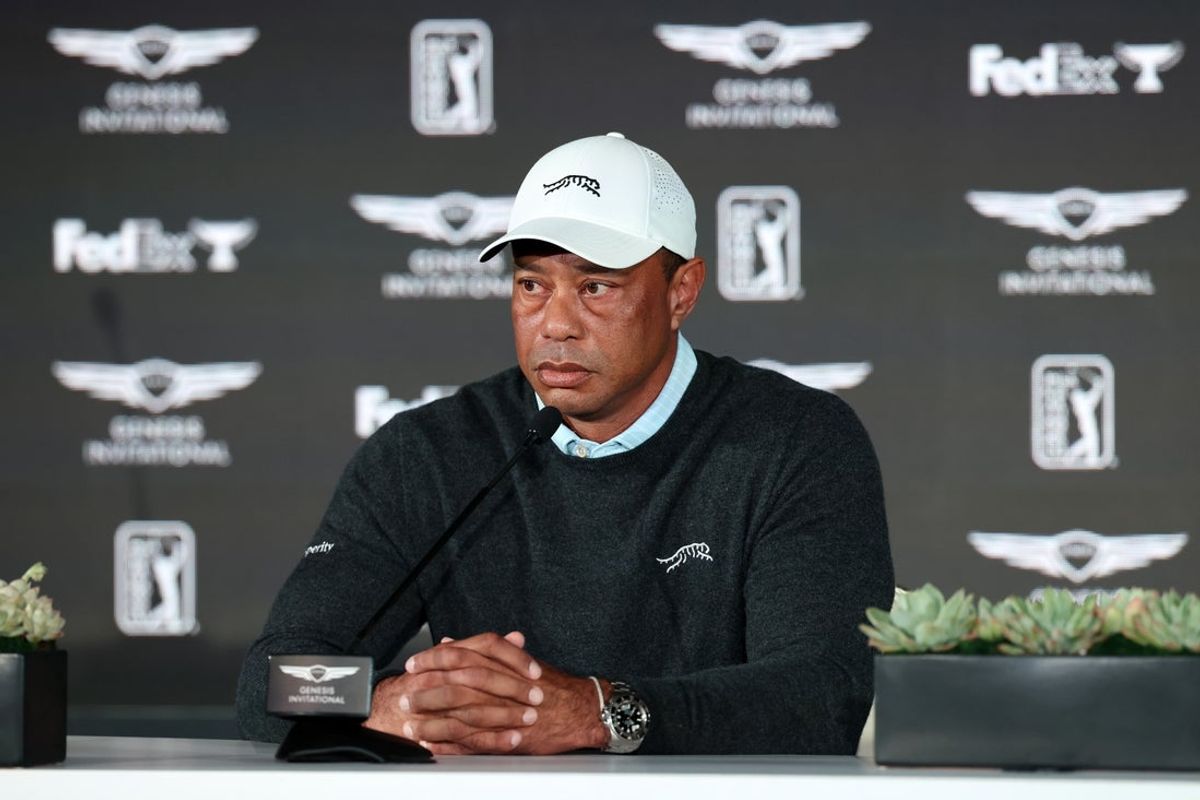 Feb 17, 2026; Pacific Palisades, CA, USA;  Genesis Invitational tournament host Tiger Woods speaks to the media during a press conference at Riviera Country Club. Mandatory Credit: Kiyoshi Mio-Imagn Images