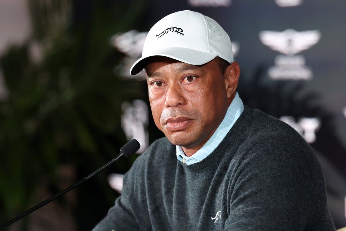 Feb 17, 2026; Pacific Palisades, CA, USA;  Genesis Invitational tournament host Tiger Woods speaks to the media during a press conference at Riviera Country Club. Mandatory Credit: Kiyoshi Mio-Imagn Images
