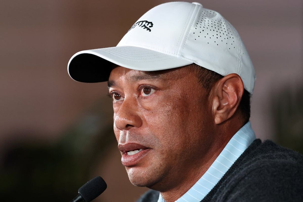 Feb 17, 2026; Pacific Palisades, CA, USA;  Genesis Invitational tournament host Tiger Woods speaks to the media during a press conference at Riviera Country Club. Mandatory Credit: Kiyoshi Mio-Imagn Images