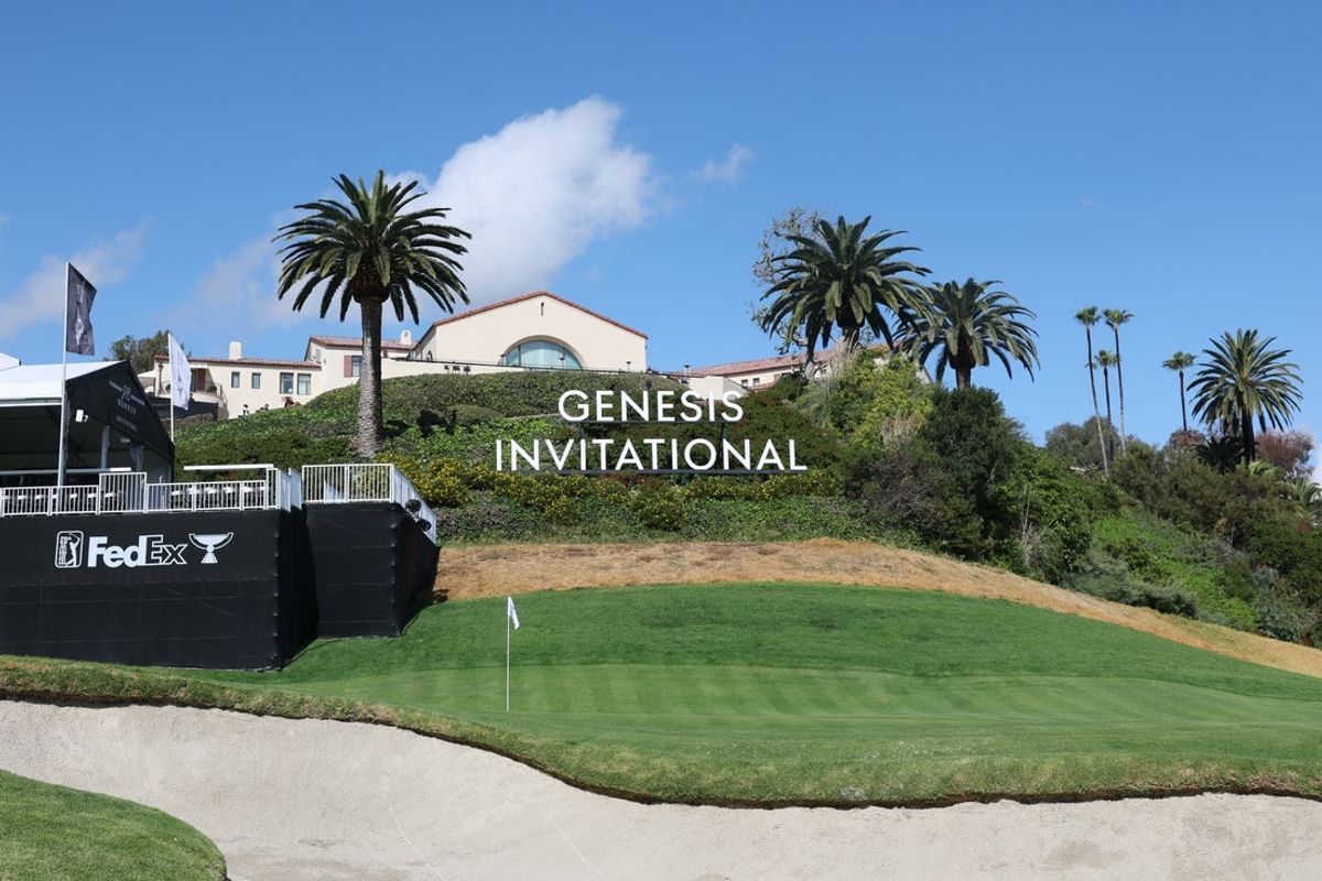 Feb 17, 2026; Pacific Palisades, CA, USA;  A detail view of the second green and Genesis Invitational sign behind at Riviera Country Club. Mandatory Credit: Kiyoshi Mio-Imagn Images