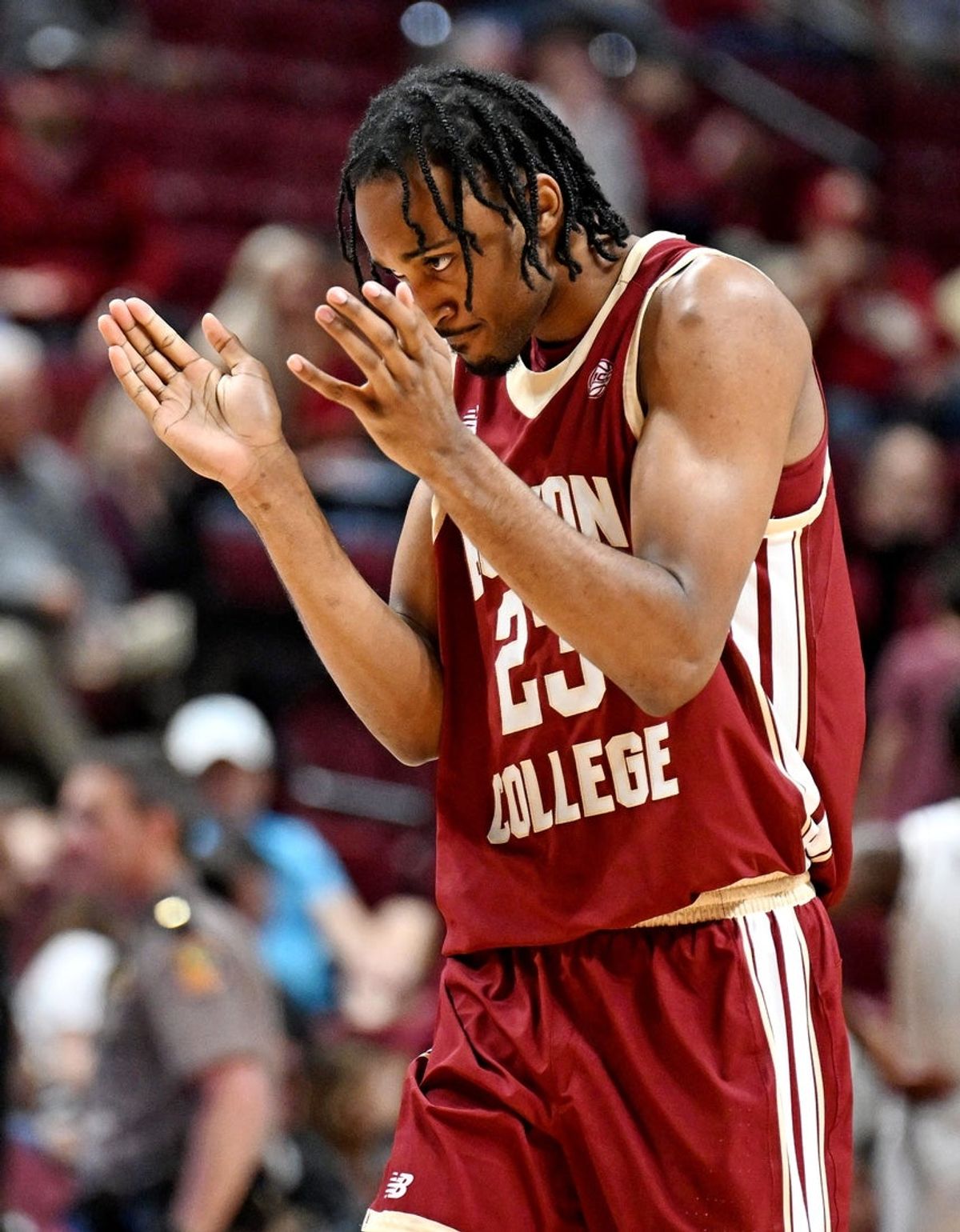 Feb 17, 2026; Tallahassee, Florida, USA; Boston College Eagles  guard Aidan Shaw (23) celebrates making a three point shot during the first half against Florida State Seminoles at Donald L. Tucker Center. Mandatory Credit: Melina Myers-Imagn Images