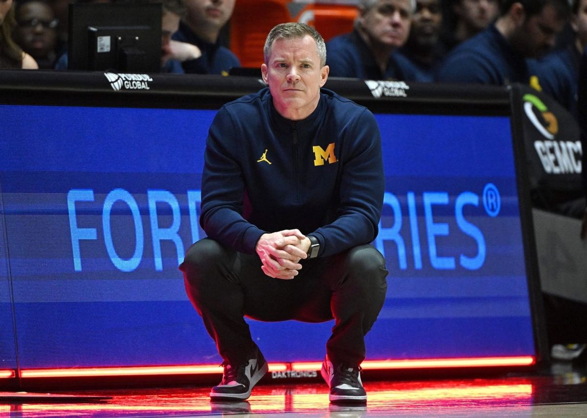Feb 17, 2026; West Lafayette, Indiana, USA; Michigan Wolverines head coach Dusty May watches the game action during the first half against the Purdue Boilermakers at Mackey Arena. Mandatory Credit: Marc Lebryk-Imagn Images