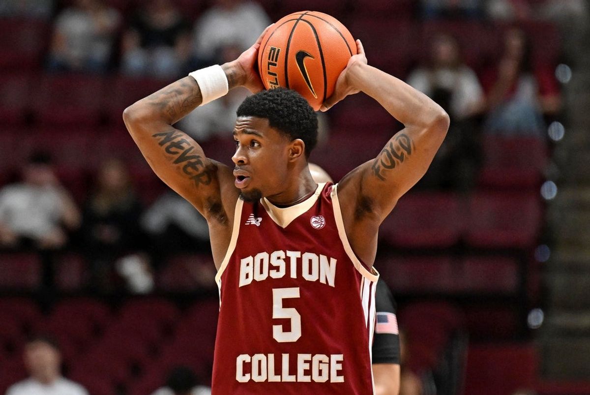 Feb 17, 2026; Tallahassee, Florida, USA; Boston College Eagles guard Fred Payne (5) reacts to a foul call during the first half against the Florida State Seminoles at Donald L. Tucker Center. Mandatory Credit: Melina Myers-Imagn Images
