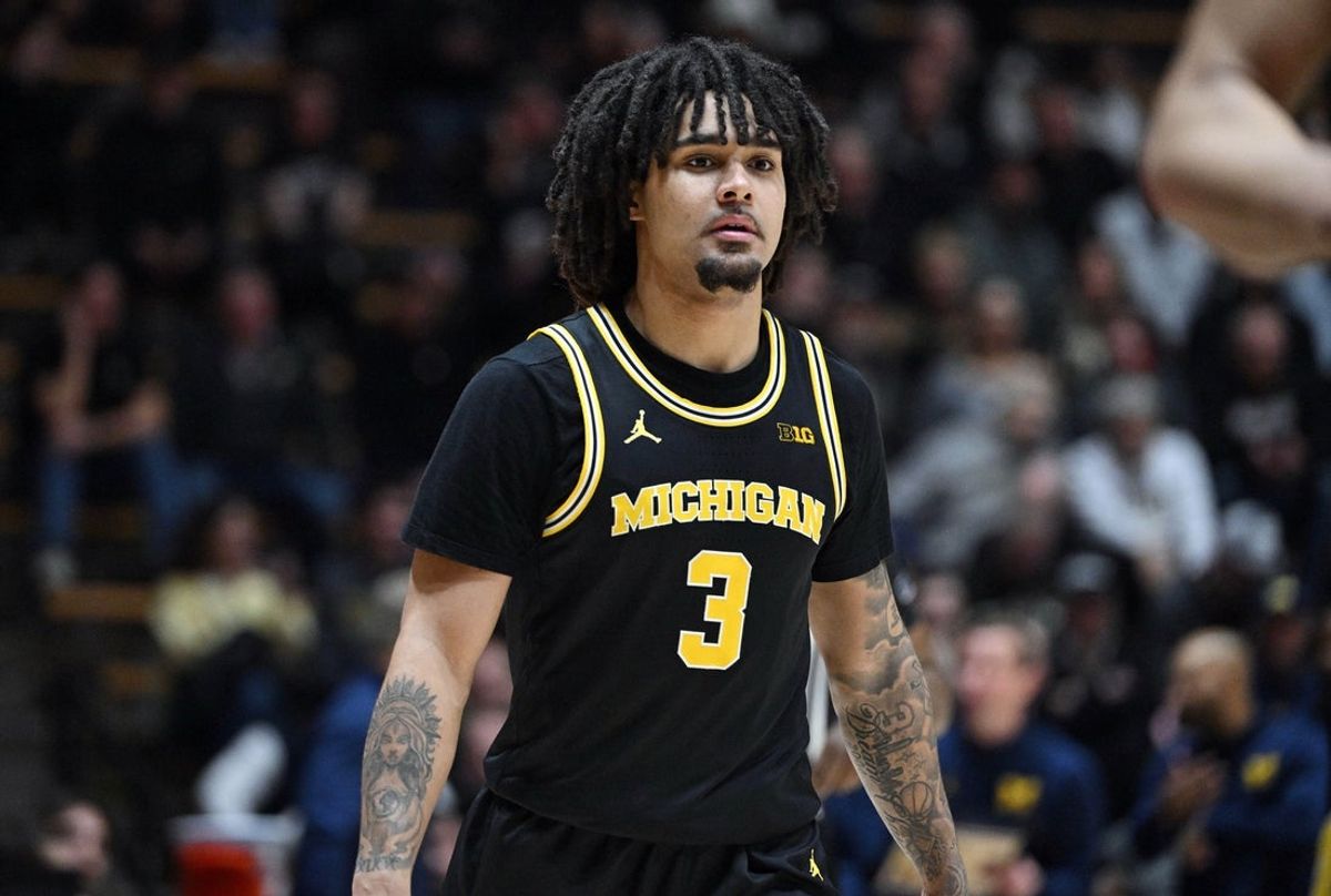 Feb 17, 2026; West Lafayette, Indiana, USA; Michigan Wolverines guard Elliot Cadeau (3) stands on the court during the second half against the Purdue Boilermakers at Mackey Arena. Mandatory Credit: Marc Lebryk-Imagn Images