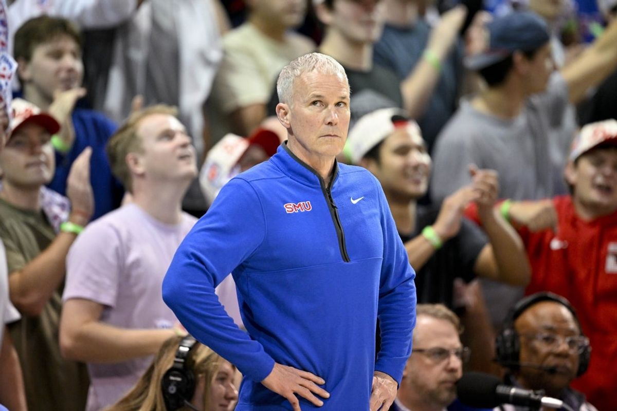 Feb 17, 2026; Dallas, Texas, USA; SMU Mustangs head coach Andy Enfield looks on during the second half against the Louisville Cardinals at Moody Coliseum. Mandatory Credit: Jerome Miron-Imagn Images