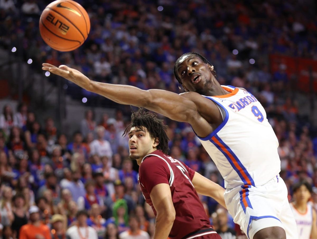 Florida center Rueben Chinyelu (9) rebounds against South Carolina guard Meechie Johnson (5) during the first half of a NCAA mens basketball game at Steven C. O'Connell Center Exactek arena in Gainesville, FL on Tuesday, February 17, 2026. [Alan Youngblood/Gainesville Sun]