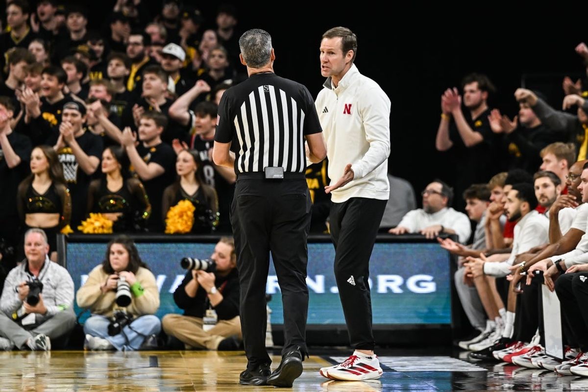 Feb 17, 2026; Iowa City, Iowa, USA; Nebraska Cornhuskers head coach Fred Hoiberg reacts with an official during the first half against the Iowa Hawkeyes at Carver-Hawkeye Arena. Mandatory Credit: Jeffrey Becker-Imagn Images