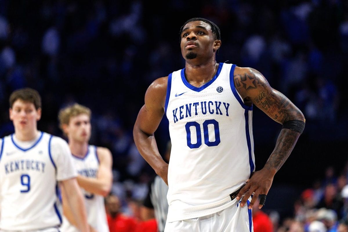 Feb 17, 2026; Lexington, Kentucky, USA; Kentucky Wildcats guard Otega Oweh (00) looks on during the second half against the Georgia Bulldogs at Rupp Arena at Central Bank Center. Mandatory Credit: Jordan Prather-Imagn Images