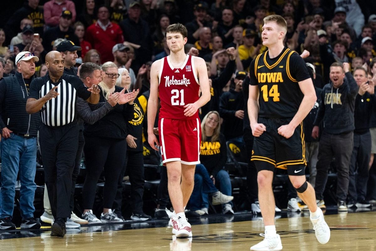 Nebraska forward Pryce Sandfort (21) reacts during a basketball game against the Iowa Hawkeyes Feb. 17, 2026 at Carver-Hawkeye Arena in Iowa City, Iowa.