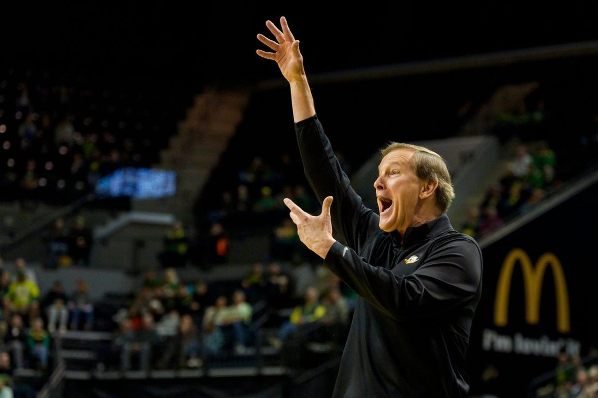 Oregon head coach Dana Altman argues a call as the Oregon Ducks host the Minnesota Golden Gophers on Feb. 17, 2026, at Matthew Knight Arena in Eugene, Oregon.