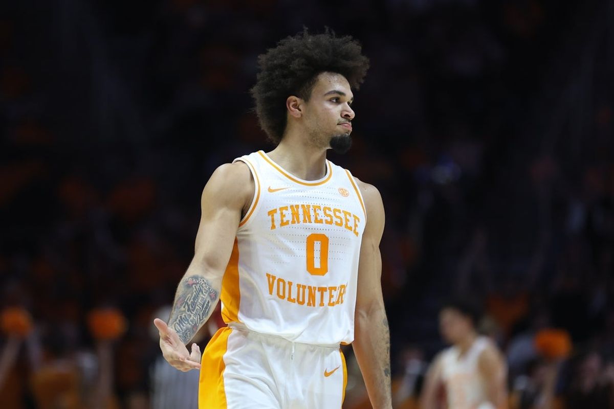 Feb 18, 2026; Knoxville, Tennessee, USA;  Tennessee Volunteers guard Ja'kobi Gillespie (0) reacts after a three pointer against the Oklahoma Sooners during the second half at Thompson-Boling Arena at Food City Center. Mandatory Credit: Randy Sartin-Imagn Images