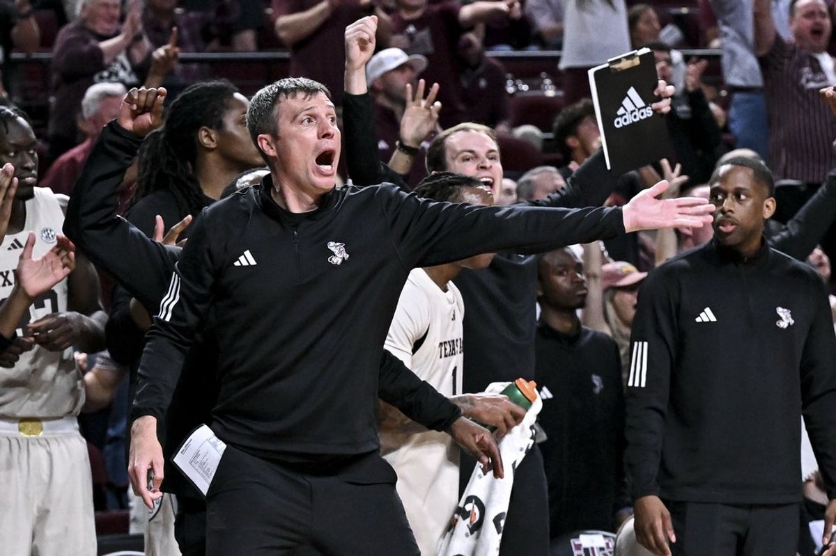 Feb 18, 2026; College Station, Texas, USA; Texas A&M Aggies head coach Bucky McMillan reacts during the second half against the Ole Miss Rebels at Reed Arena. Mandatory Credit: Maria Lysaker-Imagn Images