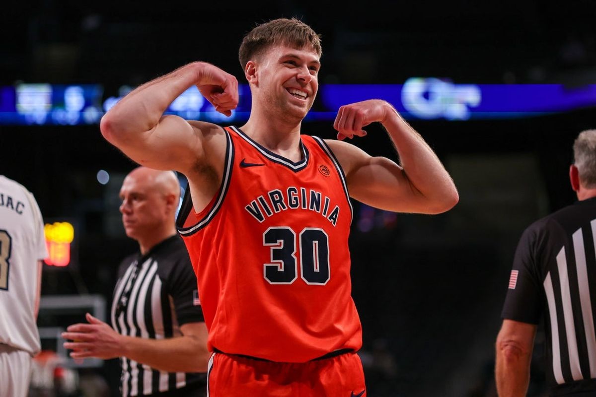 Feb 18, 2026; Atlanta, Georgia, USA; Virginia Cavaliers guard Dallin Hall (30) reacts after a play against the Georgia Tech Yellow Jackets in the first half at McCamish Pavilion. Mandatory Credit: Brett Davis-Imagn Images