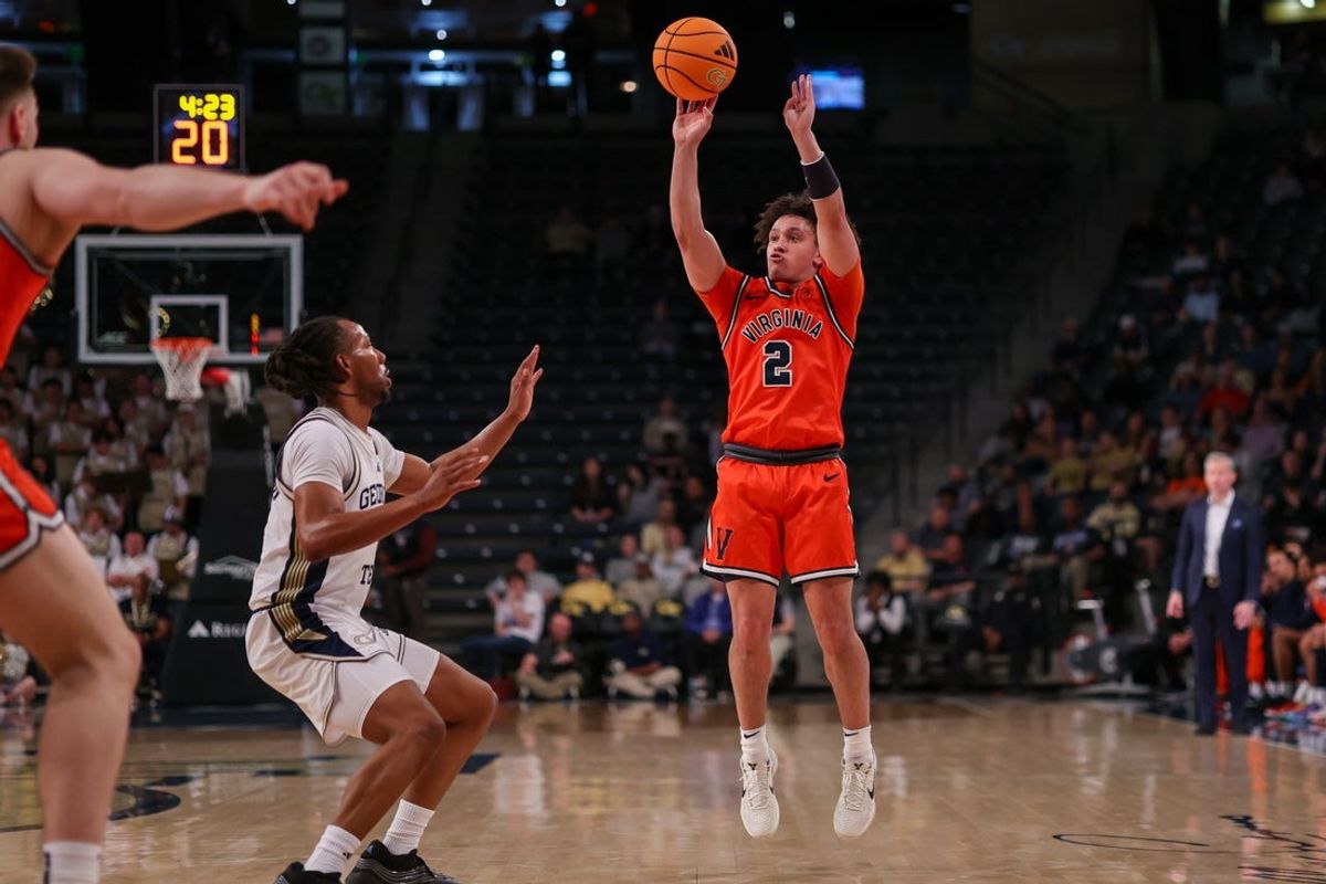 Feb 18, 2026; Atlanta, Georgia, USA; Virginia Cavaliers guard Chance Mallory (2) shoots against the Georgia Tech Yellow Jackets in the first half at McCamish Pavilion. Mandatory Credit: Brett Davis-Imagn Images