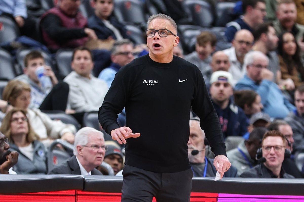 Feb 18, 2026; Newark, New Jersey, USA;  DePaul Blue Demons head coach Chris Holtmann watches from the sidelines in the second half against the Seton Hall Pirates at Prudential Center. Mandatory Credit: Wendell Cruz-Imagn Images