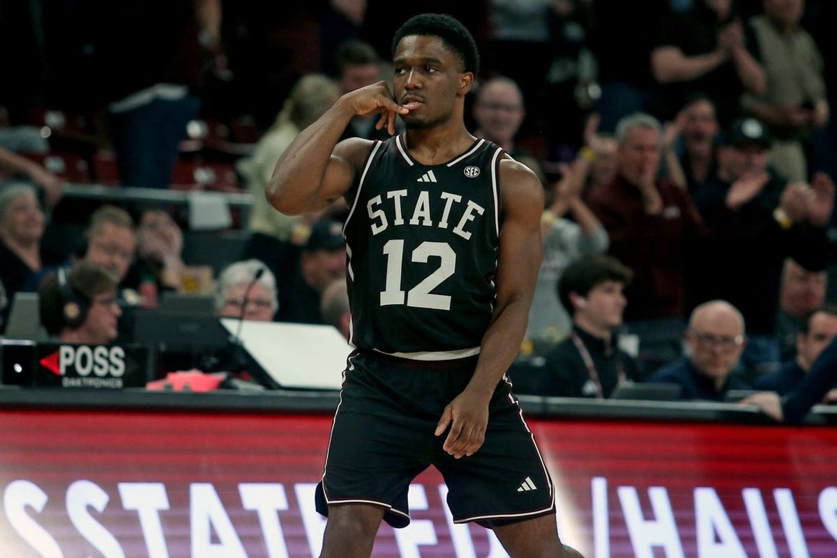 Feb 18, 2026; Starkville, Mississippi, USA; Mississippi State Bulldogs guard Josh Hubbard (12) reacts after a basket during the second half against the Auburn Tigers at Humphrey Coliseum. Mandatory Credit: Petre Thomas-Imagn Images