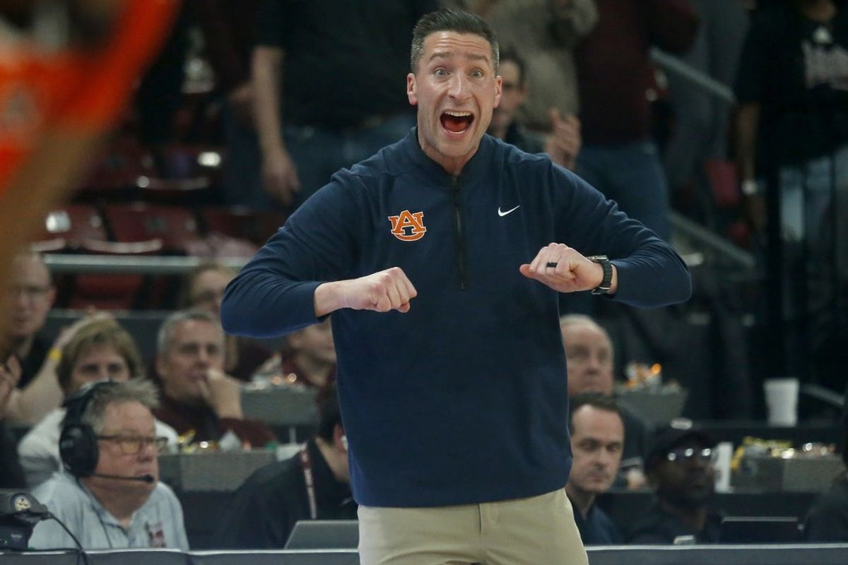 Feb 18, 2026; Starkville, Mississippi, USA; Auburn Tigers head coach Steven Pearl reacts during the second half against the Mississippi State Bulldogs at Humphrey Coliseum. Mandatory Credit: Petre Thomas-Imagn Images
