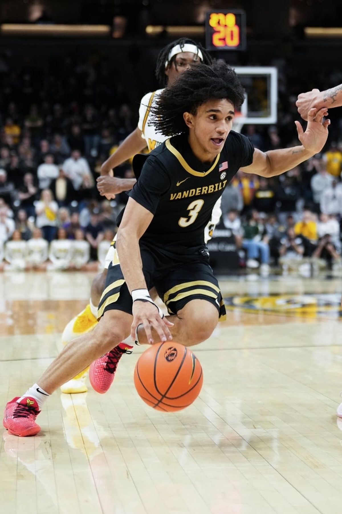 Feb 18, 2026; Columbia, Missouri, USA; Vanderbilt Commodores guard Tyler Tanner (3) dribbles the ball against the Missouri Tigers during the second half of the game at Mizzou Arena. Mandatory Credit: Denny Medley-Imagn Images