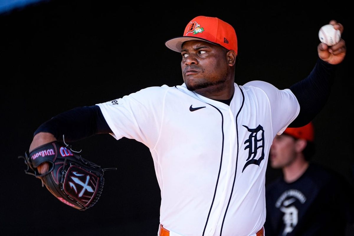 Detroit Tigers pitcher Framber Valdez practices during spring training at TigerTown in Lakeland, Fla. on Thursday, Feb. 19, 2026.