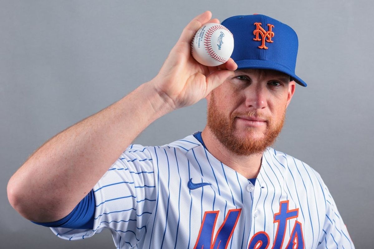 Feb 19, 2026; Port St. Lucie, FL, USA; New York Mets pitcher Craig Kimbrel (46) poses for a photo during media day at Clover Park. Mandatory Credit: Sam Navarro-Imagn Images