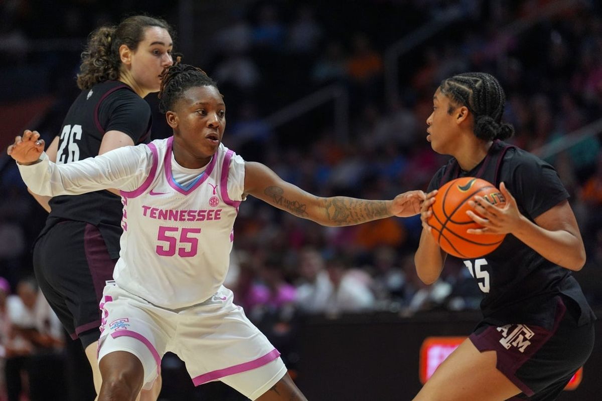 Tennessee guard Talaysia Cooper (55) guards Texas A&M guard Salese Blow (25) during a NCAA basketball game at Thompson-Boling Arena at Food City Center in Knoxville, Tenn., on Feb. 19, 2026.