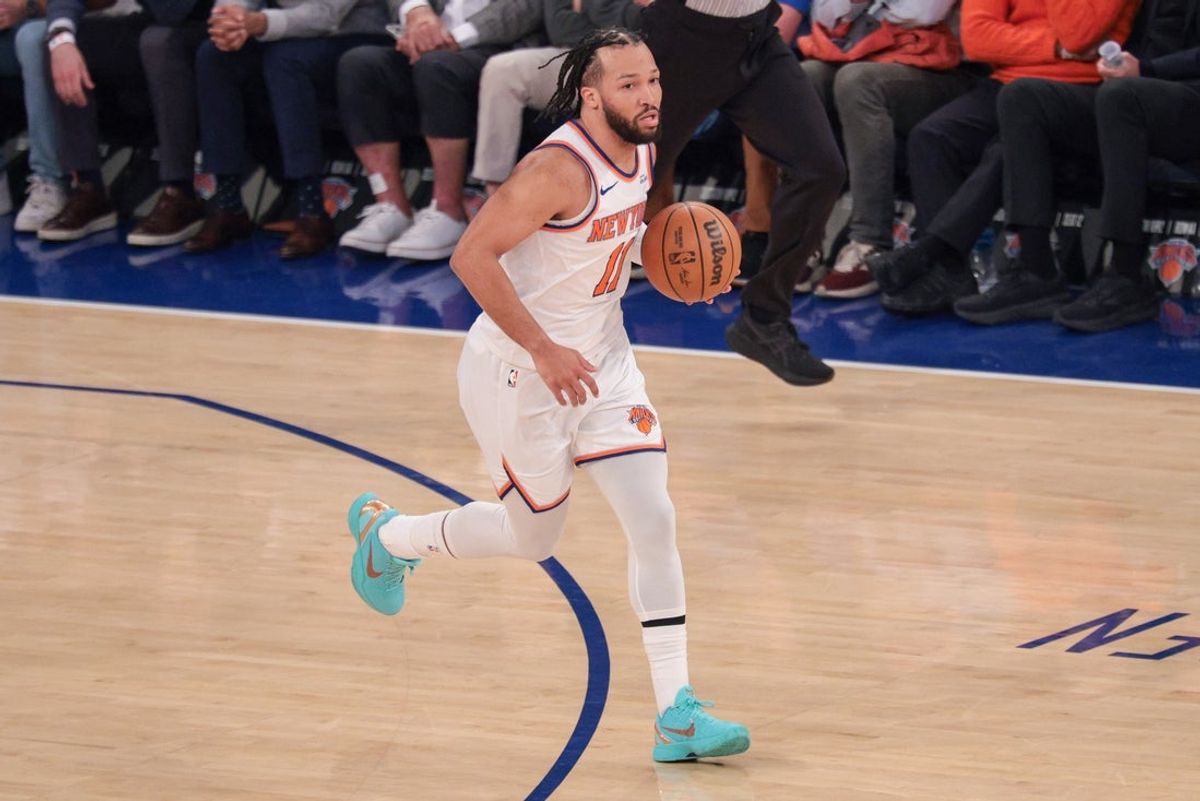 Feb 19, 2026; New York, New York, USA; New York Knicks guard Jalen Brunson (11) dribbles up court against the Detroit Pistons during the first quarter at Madison Square Garden. Mandatory Credit: Vincent Carchietta-Imagn Images