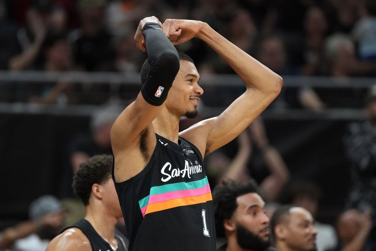 Feb 19, 2026; Austin, Texas, USA; San Antonio Spurs forward Victor Wembanyama (1) reacts during the first half against the Phoenix Suns at Moody Center. Mandatory Credit: Scott Wachter-Imagn Images