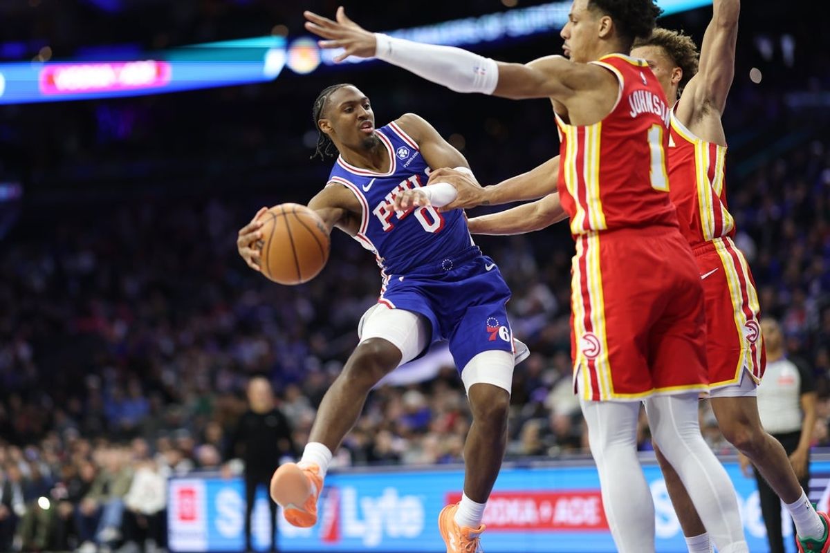 Feb 19, 2026; Philadelphia, Pennsylvania, USA; Philadelphia 76ers guard Tyrese Maxey (0) passes the ball against the Atlanta Hawks during the fourth quarter at Xfinity Mobile Arena. Mandatory Credit: Bill Streicher-Imagn Images